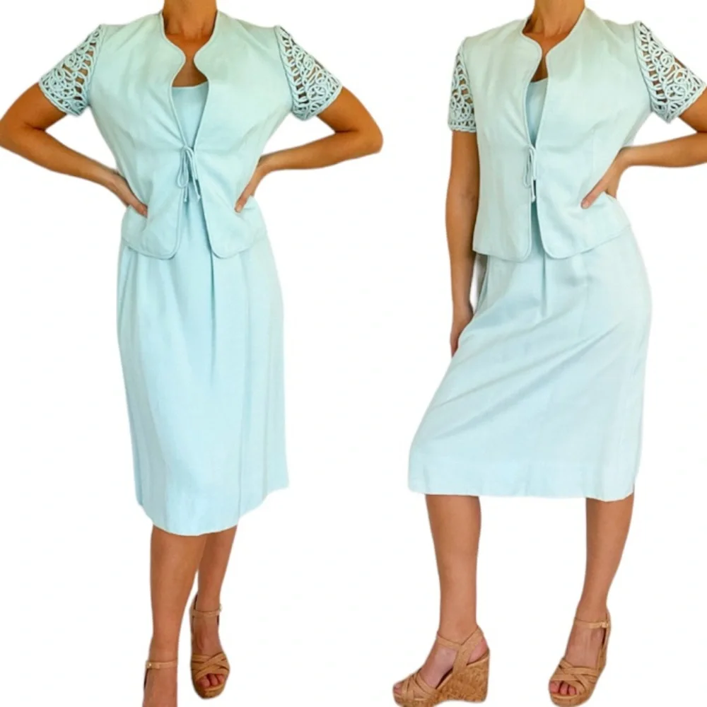 Vintage Anne Fogarty blue matching dress and jacket set size small